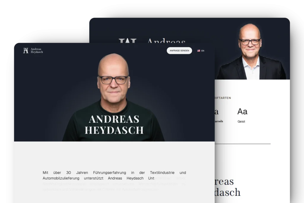 Eine Website zeigt das Porträt eines glatzköpfigen Mannes mit Brille und dunklem Hemd, darunter in Fettschrift ANDREAS HEYDASCH. Der deutsche Text darunter hebt Andreas Heydaschs führende Rolle in der Textil- und Automobilindustrie hervor.