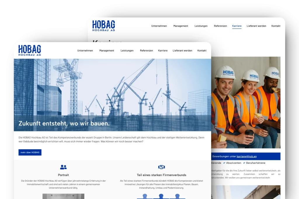 Screenshot der Website der HOBAG Hochbau AG, mit einer Homepage mit blauen Akzenten, Bildern von Baukränen und Arbeitern in Sicherheitswesten und Helmen. Der deutsche Text hebt die Werte und Karrieremöglichkeiten der HOBAG Hochbau AG hervor.