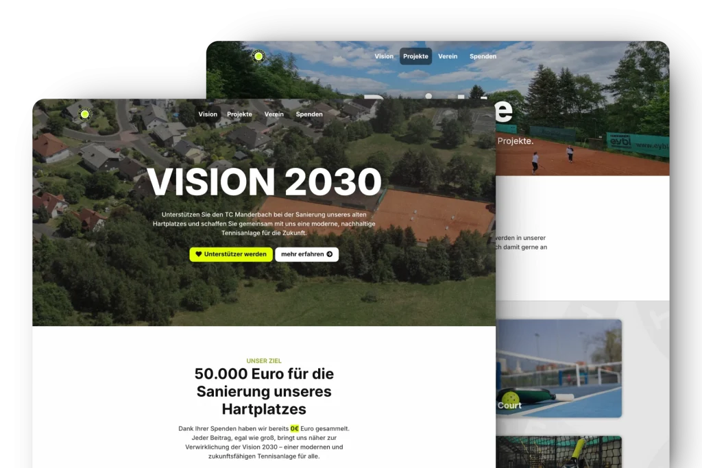 Eine Website zeigt die Vision 2030 mit einem Hintergrundbild des TCM-Tennisplatzes, der von Bäumen und Häusern umgeben ist, sowie Spendenaktionen für die Renovierung des Platzes mit der Möglichkeit, den Platz zu unterstützen oder mehr darüber zu erfahren.